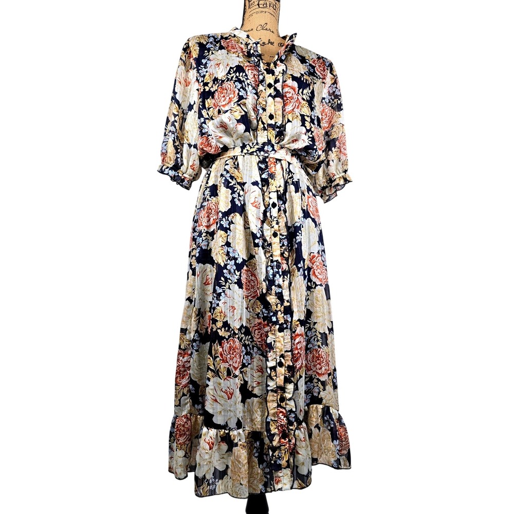 Liz Jordan Floral Maxi Dress Navy Blue Gold Metallic Stripe Ruffle Tie Waist 14